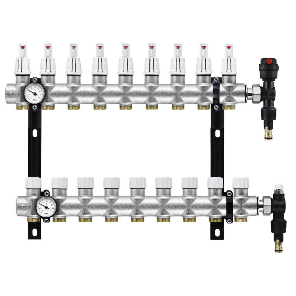 Distribuitor incalzire pardoseala, cu debitmetre, Rbm 2035.06.10, alama, filet interior, 9 cai, 1"