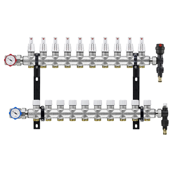 Distribuitor incalzire pardoseala, cu debitmetre, Rbm 2036.06.20, alama, filet interior, 10 cai, 1"