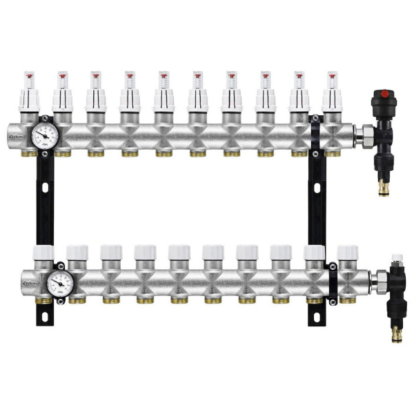 Distribuitor incalzire pardoseala, cu debitmetre, Rbm 2036.06.10, alama, filet interior, 10 cai, 1"