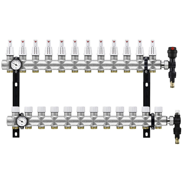 Distribuitor incalzire pardoseala, cu debitmetre, Rbm 2038.06.10, alama, filet interior, 12 cai, 1"