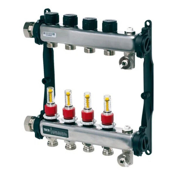 Distribuitor incalzire pardoseala, cu debitmetre, TECEfloor 77310004, otel, filet interior, 4 cai, 1"