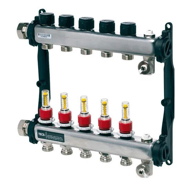 Distribuitor incalzire pardoseala, cu debitmetre, TECEfloor 77310005, otel, filet interior, 5 cai, 1"