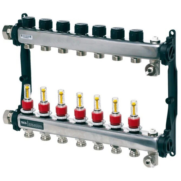 Distribuitor incalzire pardoseala, cu debitmetre, TECEfloor 77310007, otel, filet interior, 7 cai, 1"