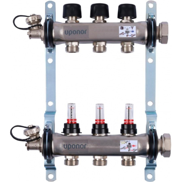 Distribuitor incalzire pardoseala, cu debitmetre, Uponor Smart S 1086539, inox, filet interior, 3 cai, 1"