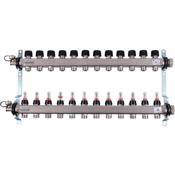 Distribuitor incalzire pardoseala, cu debitmetre, Uponor Smart S 1086548, inox, filet interior, 12 cai, 1"