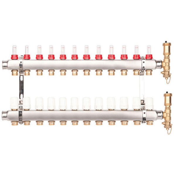 Distribuitor incalzire pardoseala, cu debitmetre, Valvex Base K5, inox, filet interior, 12 cai, 1"