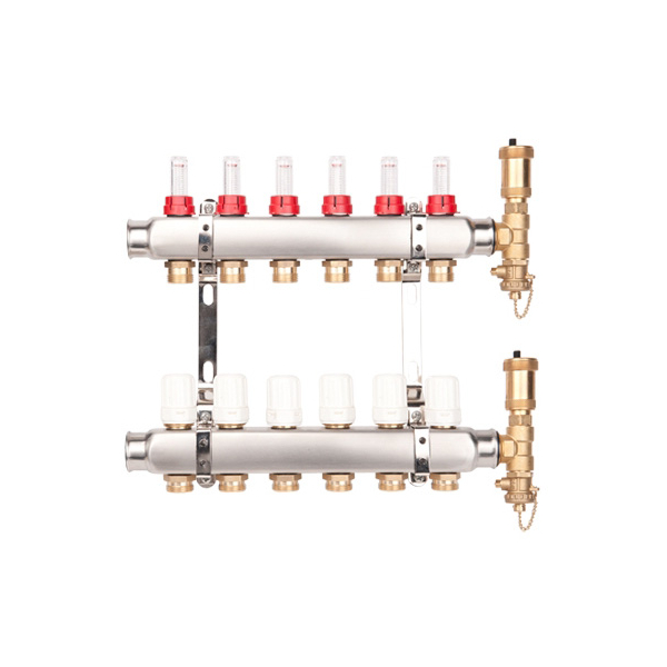 Distribuitor incalzire pardoseala, cu debitmetre, Valvex Base K5, inox, filet interior, 6 cai, 1"
