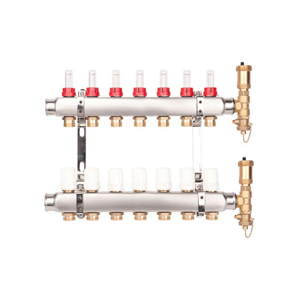 Distribuitor incalzire pardoseala, cu debitmetre, Valvex Base K5, inox, filet interior, 7 cai, 1"