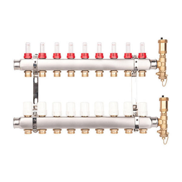 Distribuitor incalzire pardoseala, cu debitmetre, Valvex Base K5, inox, filet interior, 9 cai, 1"