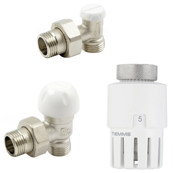 Kit robinet calorifer termostatat + robinet calorifer retur + cap termostat Tiemme Excel, alama, filet exterior, 1/2''