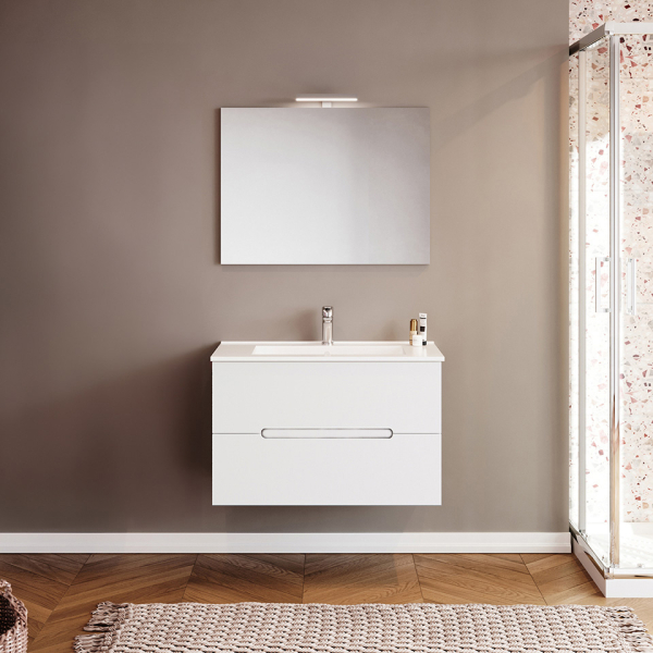 Masca baie + lavoar + oglinda cu iluminare LED, Savini Due Iris, cu usi, alb lucios, suspendat, 60 x 53 x 47 cm