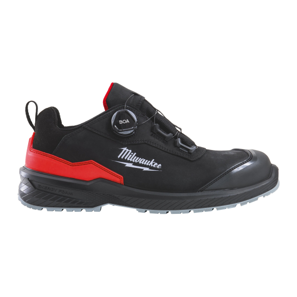 Pantofi de protectie Milwaukee Flextred 4932498109, cu bombeu fibra de sticla, piele intoarsa, negru + rosu, S3S, marimea 39