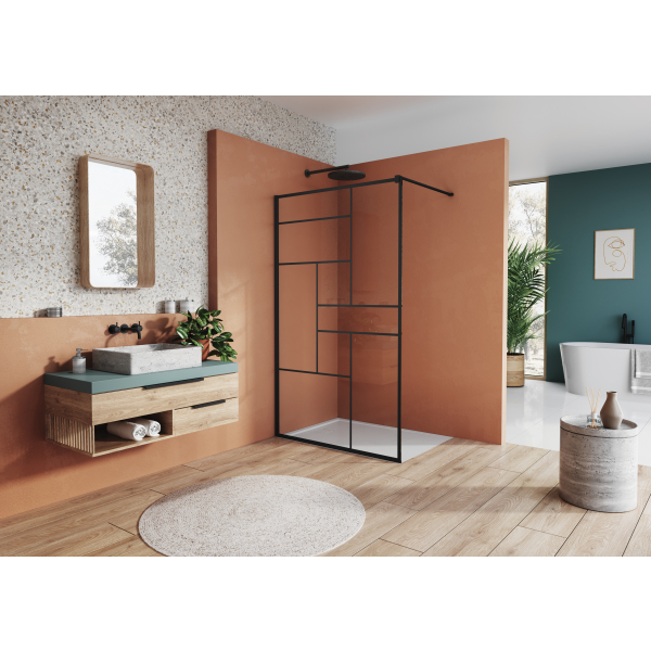 Perete dus tip walk-in, Sanswiss Easy STR4P, sticla cu model geometric, profil negru mat, 80 x 200 cm