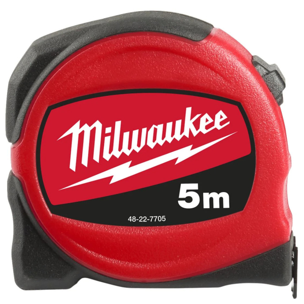 Ruleta cu banda metalica, cu blocare, cu agatatoare, Milwaukee Slimline 48227705, 5 m
