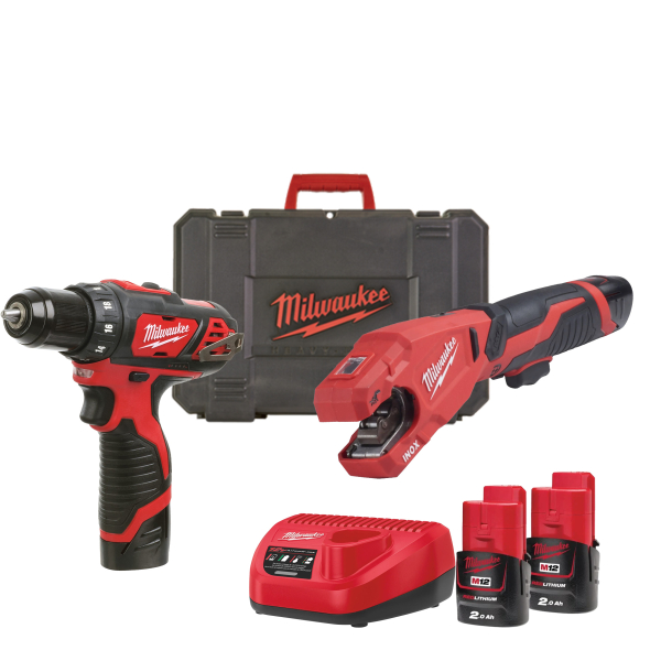 Set scule electrice Milwaukee M12, masina de taiat tevi inox M12 PCSS-202C + masina de gaurit / insurubat M12 BDD-0, cu 2 acumulatori, 12 V