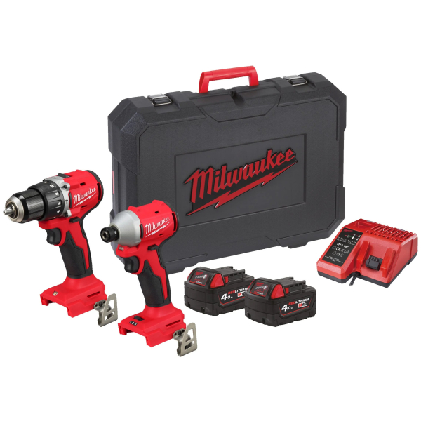 Set scule electrice Milwaukee M18 BLCPP2A-402C 4933492827, masina de gaurit, cu percutie M18 BLPDRC-0 + masina de insurubat, cu impact M18 BLIDRC-0, cu 2 acumulatori, 18 V, 4 Ah
