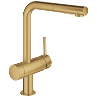 Baterie bucatarie, cu dus extractibil, Grohe Minta 31558GN0, monocomanda, pipa inalta, tip L, cartus ceramic, pivotanta, finisaj auriu mat