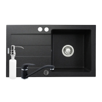 Chiuveta bucatarie Pyramis Cristal cu baterie si dozator pentru detergent lichid, finisaj pyragranite black, cuva pe dreapta, 76 x 44 cm