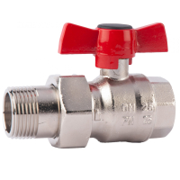 Robinet de inchidere cu bila Herz, alama nichelata, cu racord olandez, filet interior-exterior, DN 32, PN 25, maner fluture