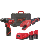 Set scule electrice Milwaukee M12, masina de taiat tevi inox M12 PCSS-202C + masina de gaurit / insurubat M12 BDD-0, cu 2 acumulatori, 12 V