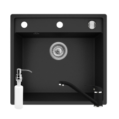 Chiuveta bucatarie Pyramis Cristal cu baterie si dozator pentru detergent lichid, finisaj pyragranit black, 53 x 50 cm