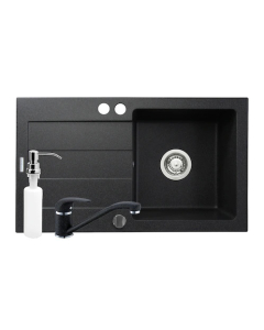 Chiuveta bucatarie Pyramis Cristal cu baterie si dozator pentru detergent lichid, finisaj pyragranite black, cuva pe dreapta, 76 x 44 cm