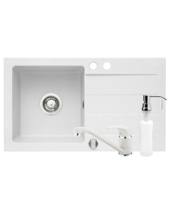 Chiuveta bucatarie Pyramis Cristal cu baterie si dozator pentru detergent lichid, finisaj pyragranite snow, cuva pe stanga, 76 x 44 cm