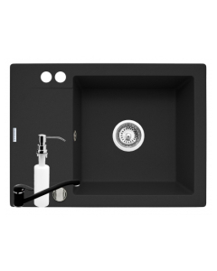 Chiuveta bucatarie Pyramis Cristal Mini cu baterie si dozator pentru detergent lichid, finisaj pyragranite black, cuva pe dreapta, 62 x 46 cm