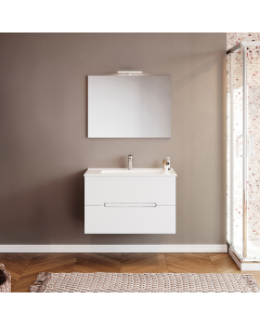 Masca baie + lavoar + oglinda cu iluminare LED, Savini Due Iris, cu usi, alb lucios, suspendat, 60 x 53 x 47 cm