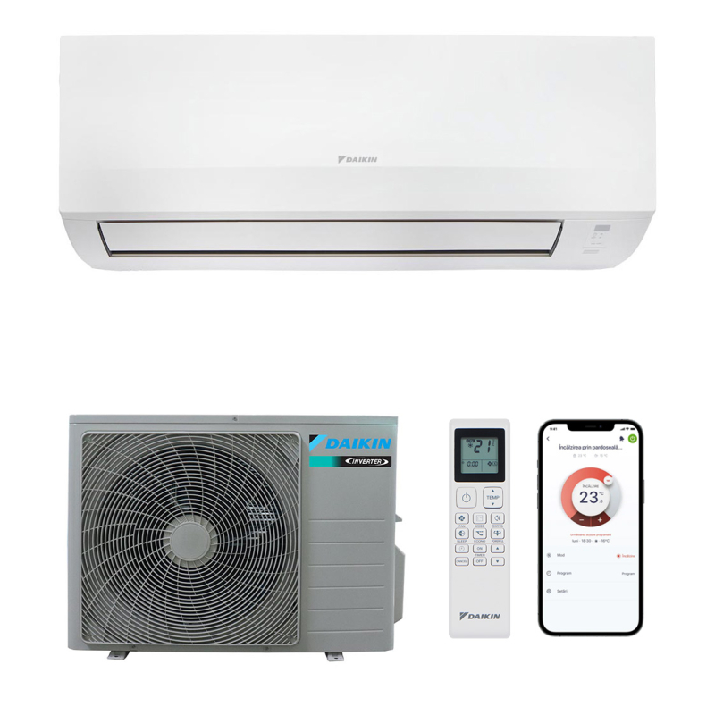 Aparat aer conditionat Daikin Sensira C, 12000 BTU, A++/A+, inverter, Wi-Fi, R32, functie incalzire, dezumidificare, mod Eco, mod Auto, mod de noapte, afisaj digital, timer, auto-curatare, alb