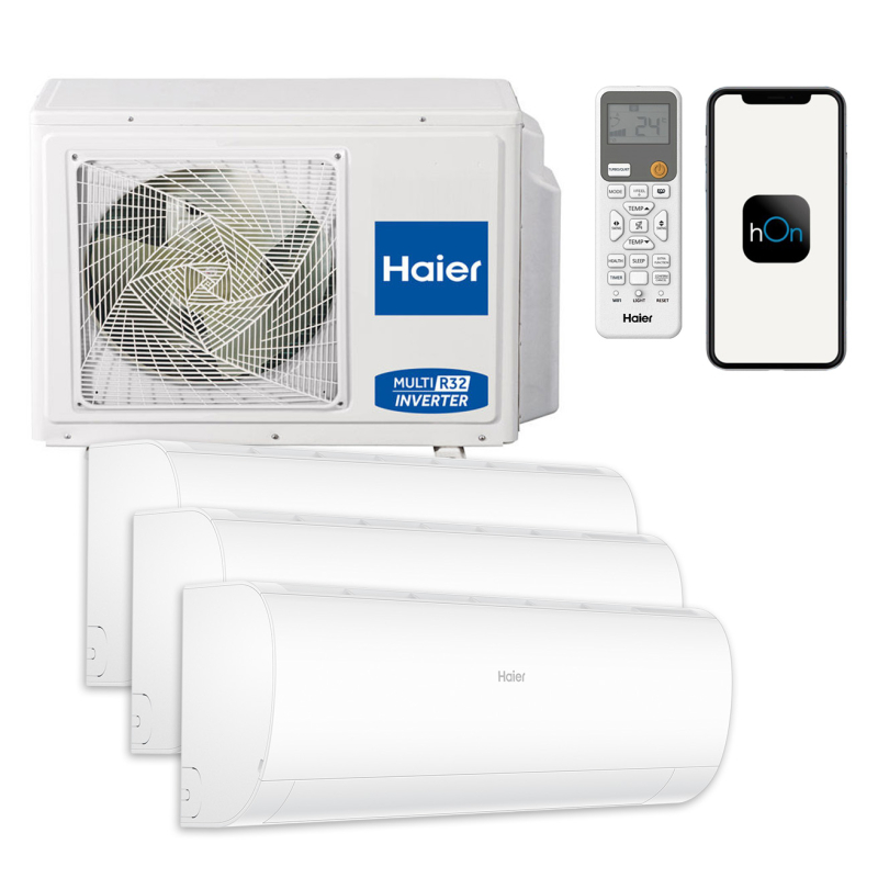 Aparat aer conditionat multisplit, Haier Pearl, 1 x UE 24000 BTU, 2 x UI 9000 BTU, 1 x UI 12000 BTU, A++/A+, R32, inverter, Wi-Fi, filtru aer, sterilizare UV, functie incalzire, dezumidificare, mod turbo, mod eco, alb