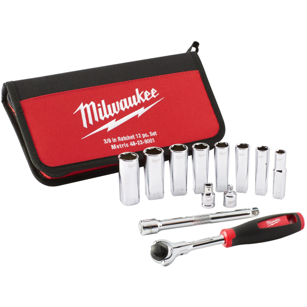 Capete chei tubulare, cu profil hexagonal, Milwaukee Tradesman 48229001, 10 - 19 mm, 3/8 inch, set 12 bucati
