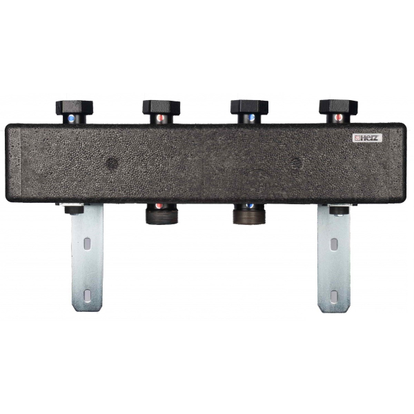 Distribuitor Herz Pumpfix pentru doua circuite de incalzire, debit maxim 3 m3/h, 1 1/4" - 1 1/2", cu izolatie si consola fixare pe perete