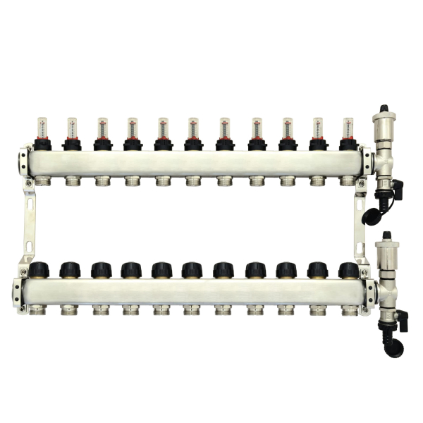 Distribuitor incalzire pardoseala, cu debitmetre, Assens 108711, inox, filet interior, 11 cai, 1"
