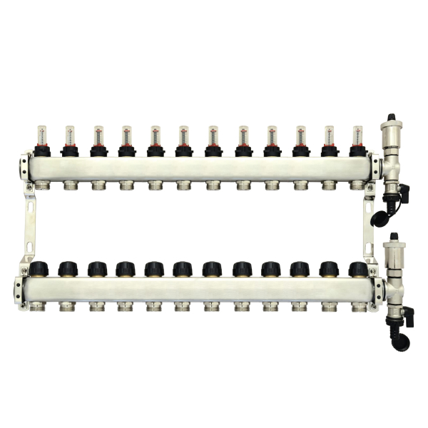 Distribuitor incalzire pardoseala, cu debitmetre, Assens 108712, inox, filet interior, 12 cai, 1"