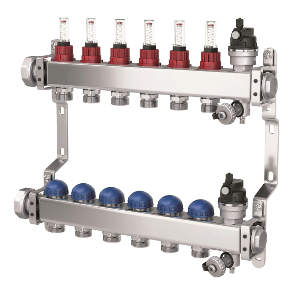 Colector distribuitor din inox Purmo, cu debitmetre, 1" 6 iesiri, 3/4" eurocon, fbwmsst0640142p0