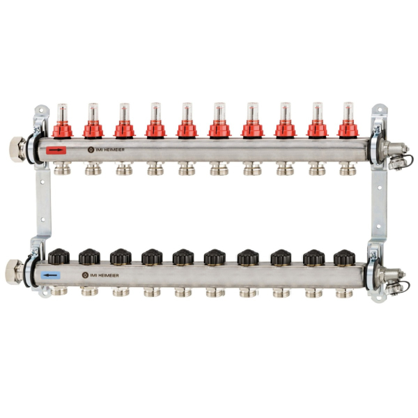 Distribuitor incalzire pardoseala, cu debitmetre, Heimeier Dynalux, otel, filet interior, 10 cai, 1"