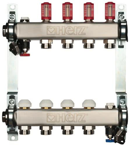 Distribuitor incalzire pardoseala, cu debitmetre, Herz 1546304, inox, filet interior, 4 cai, 1"