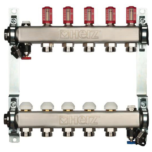Distribuitor incalzire pardoseala, cu debitmetre, Herz 1546305, inox, filet interior, 5 cai, 1"