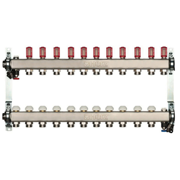 Distribuitor incalzire pardoseala, cu debitmetre, Herz 1546311, inox, filet interior, 11 cai, 1"