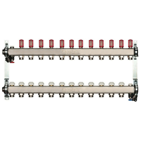 Distribuitor incalzire pardoseala, cu debitmetre, Herz 1546312, inox, filet interior, 12 cai, 1"