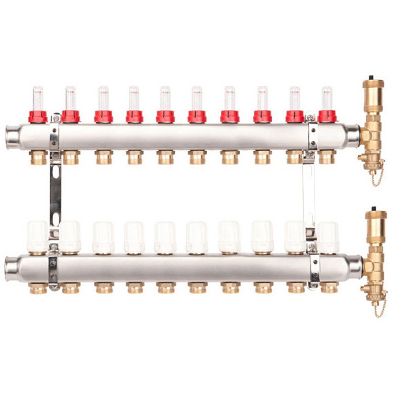 Distribuitor incalzire pardoseala, cu debitmetre, Valvex Base K5, inox, filet interior, 10 cai, 1"