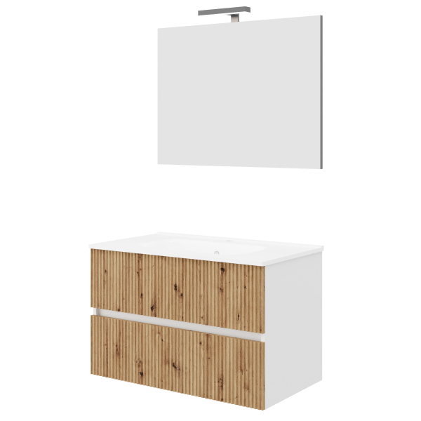 Masca baie + lavoar + oglinda + lampa Savini Santorini, cu sertare, rovere oro + alb, montaj suspendat, 80.2 x 46.5 x 113 cm
