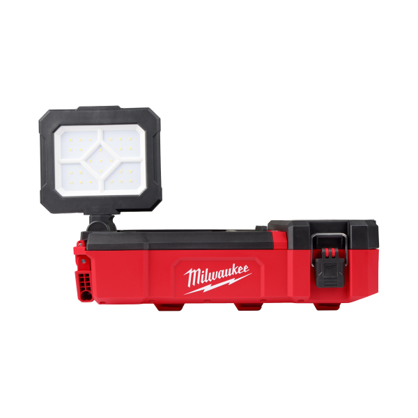 Proiector LED Milwaukee Packout 4933480473, cu compartiment depozitare, 1400lm, 3 moduri de iluminare, IP54, negru + rosu, 12 V, fara acumulator