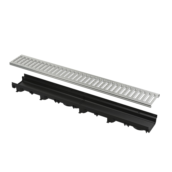 Rigola plastic Alcadrain AVZ112-R102, exterioara, pentru scurgere apa pluviala, cu gratar otel zincat si barete, A15, 1000 x 137 x 60 mm